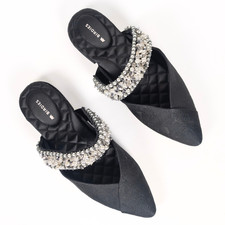 BIRDIES Swan Black Jacquard Mule Flats Beaded Cuff Pointed Toe Women's 7.5