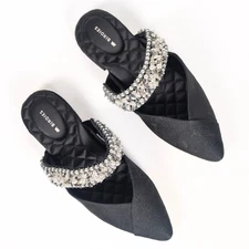 BIRDIES Swan Black Jacquard Mule Flats Beaded Cuff Pointed Toe Women's 7.5