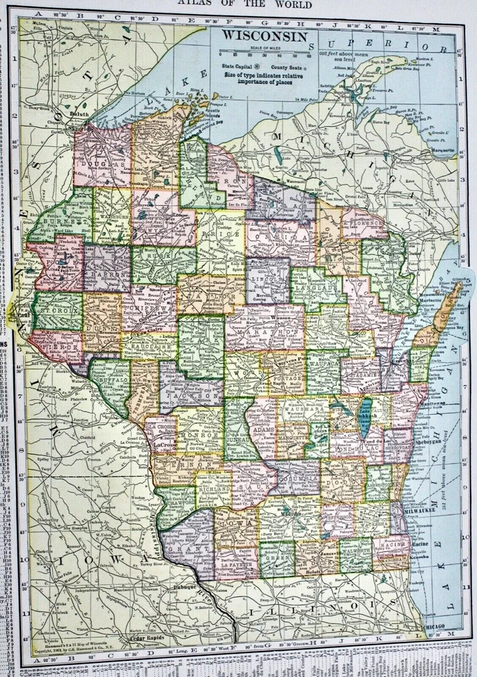 OLD ANTIQUE 1904 ILLINOIS / WISCONSIN MAP COLOR CHROMOLITHOGRAPH PRINT - Image 4 of 4