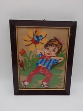 Vintage Hand Painted Needlepoint Boy Flower Bird Laying in Grass Framed