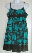FOREVER 21 MEDIUM BROWN AQUA BLUE FLORAL PRINT EMPIRE SUN DRESS PARTY CRUISE