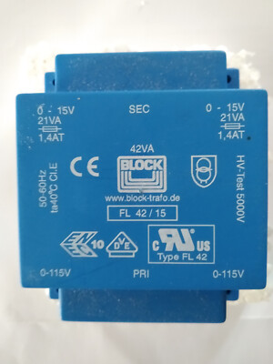 Block Trafo FL 42/15 , 2 x 115V 2 x 15 V/AC 42 VA 1.4A ,neu