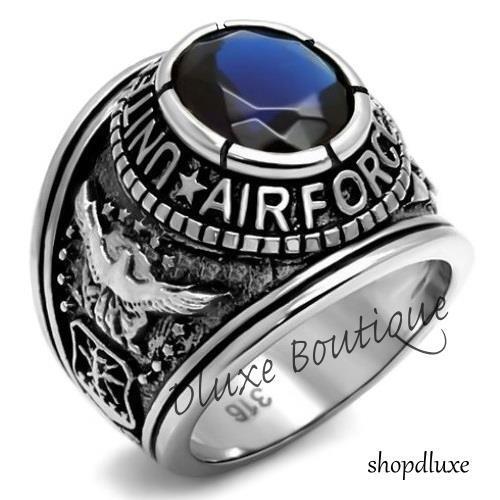 Men's Stainless Steel Simulated Sapphire US Air Force Military Ring Size 8-14 - Picture 1 of 4