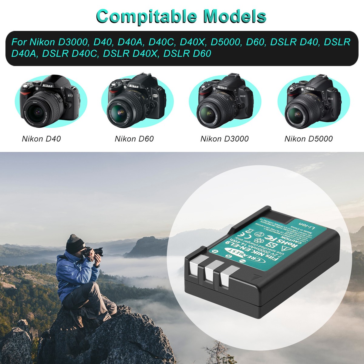 2× EN-EL9 Akku Dual Ladegerät Für Nikon D40 DSLR D40C D60 D3000