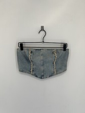 H M Denim Strapless Frayed Seamed Rear Button Cropped Corset Top Sz S