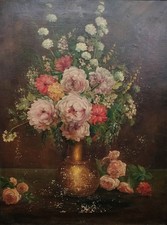 STILL LIFE WITH GOLDEN VASE AND ROSES. ANONYMOUS. OIL ON CANVAS. SPAIN. XIX. 