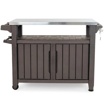 Keter Unity XL Outdoor Kitchen Rolling Bar Cart with Storage Cabinet, Brown