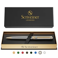 Scriveiner Silver Chrome Ballpoint Pen - Stunning Luxury Pen with 24K Gold Fi...