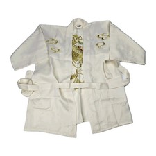 VTG Oriental Dragon KIMONO Robe L Polyester White Gold Authentic 1950s 60s 70s