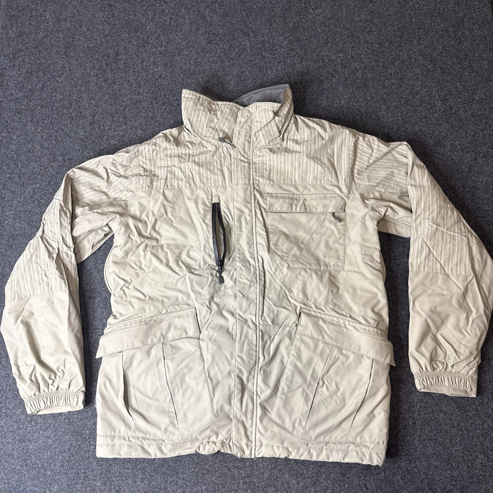 E408 Jacket Mens Medium Beige Ski Parka Full Zip Insulated Winter Pockets