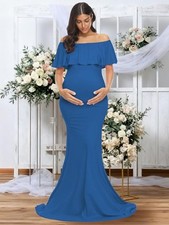 💙👶✨ NWOT Blue Off Shoulder Maternity Maxi Photoshoot Dress Small