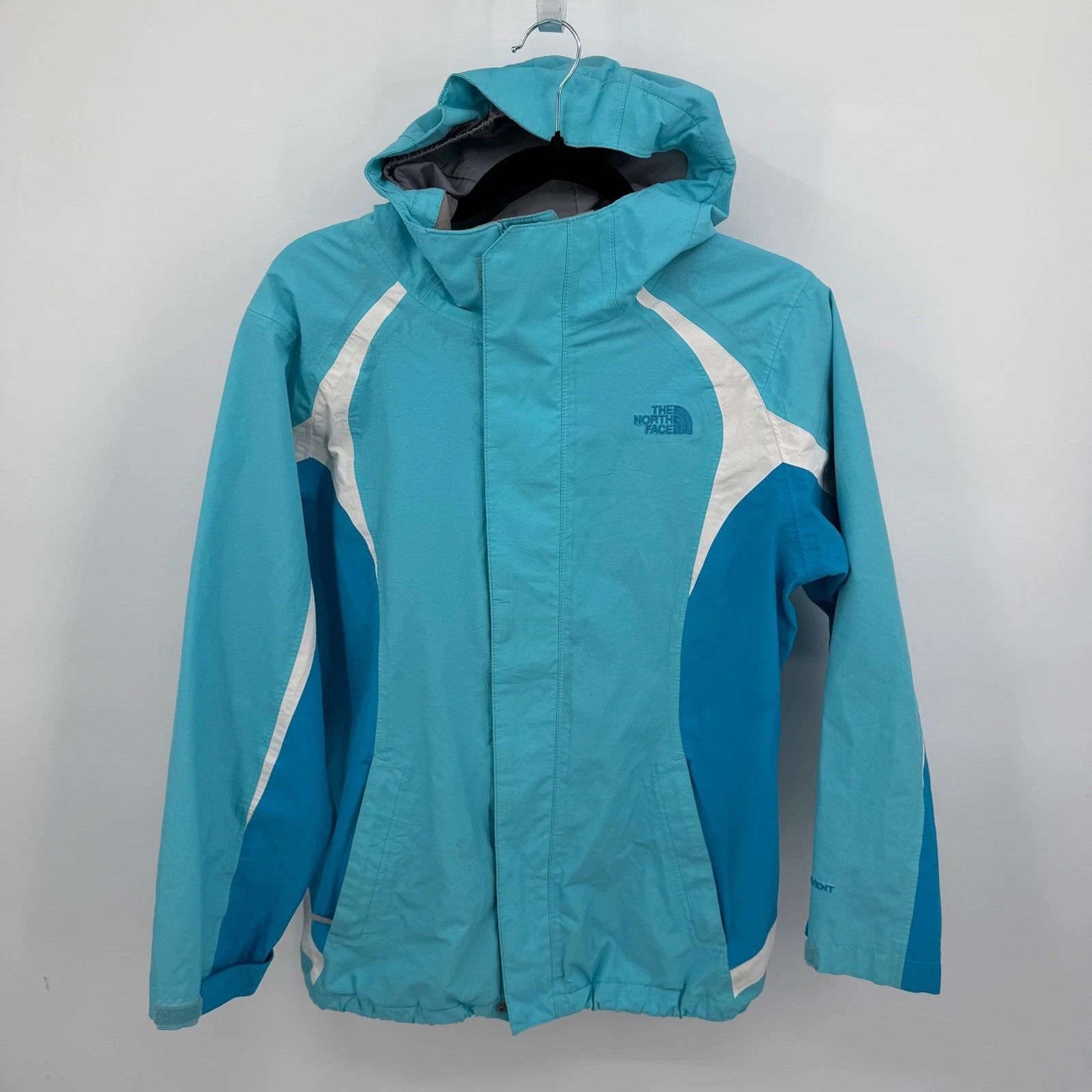 The North Face Girls S Hyvent Tri-Climate Jacket Aqua Blue White Full Zip Hooded