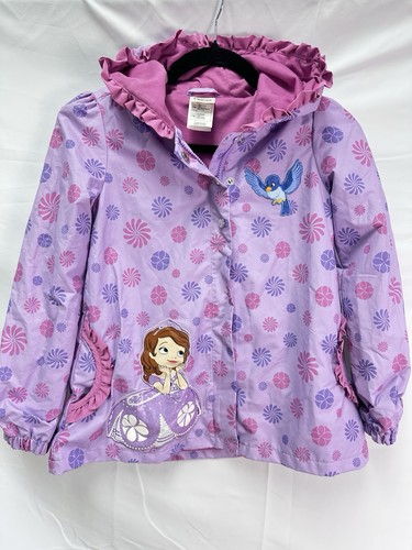 DISNEY Sophia Girls Raincoat Hood Packets Insulated Purple Butterflies Size 7/8