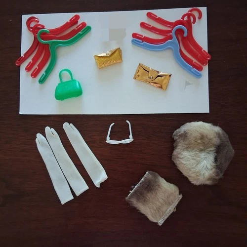 Lot of Miscellaneous Barbie Doll Size Accessories Vntge W/Fur Hat/Muff, Hangers+