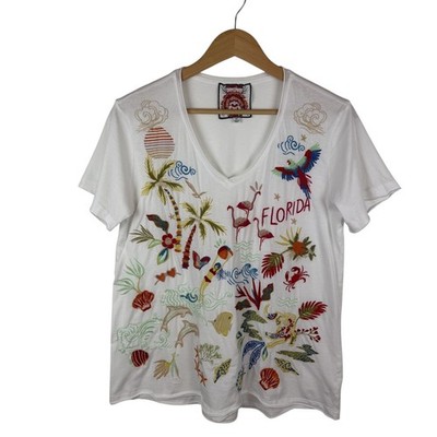 Johnny Was Florida Embroidered Everyday Tee XS White Cotton Colorful Vacation