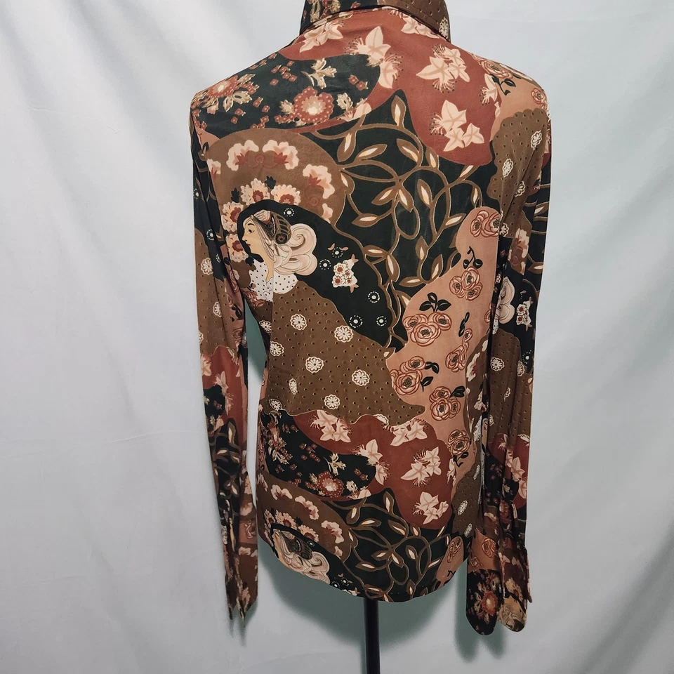 Vintage 70s JC Penny Salmon, Green, & Brown Floral Long-Sleeve Blouse. Size 18. - Image 4 of 4