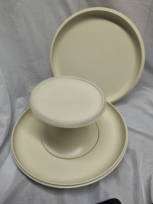 Beige Plastic Cake Stand with Tray, Matte Finish, Disassembles, Model 1531-4