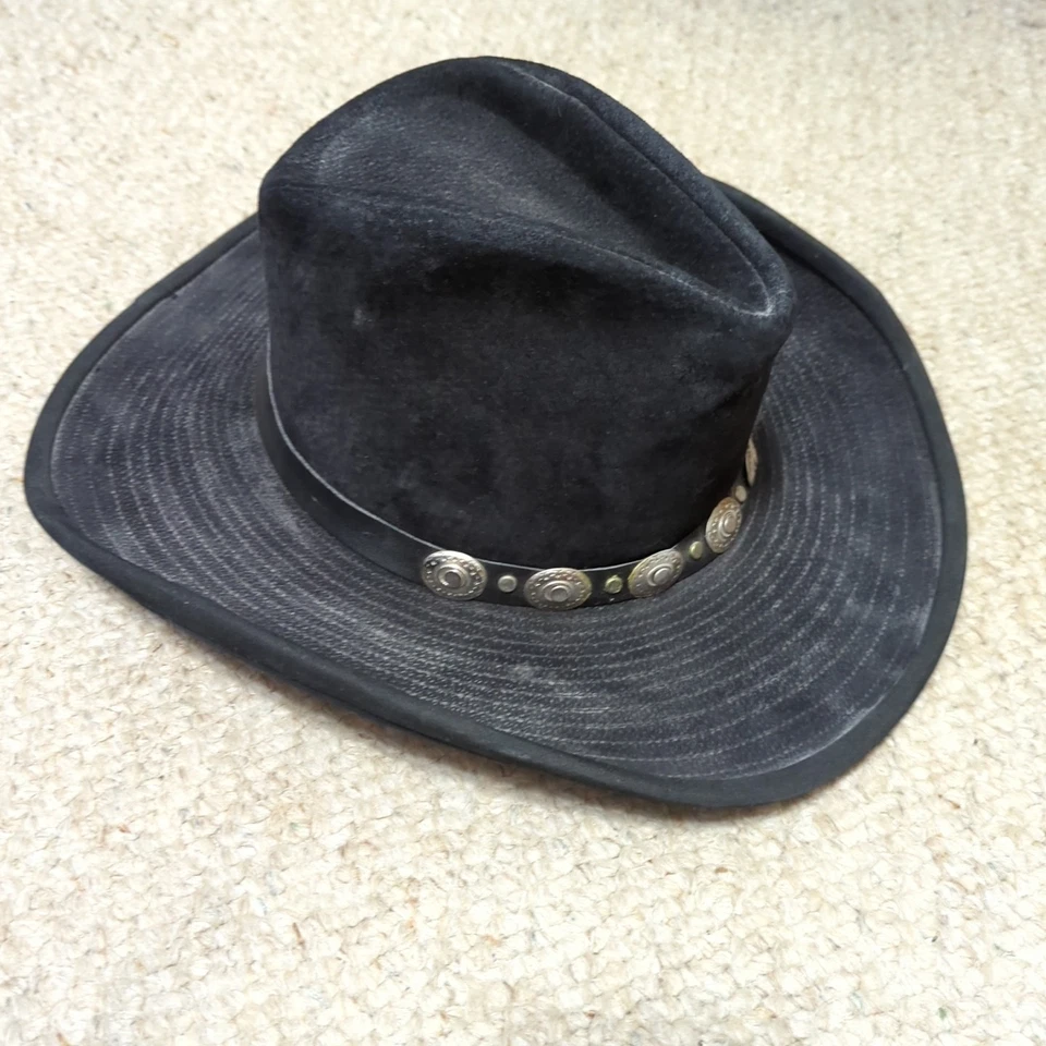 Chapéu de cowboy vintage Wilson couro masculino pequeno preto camurça faixa concho aro de arame - Imagem 2 de 4