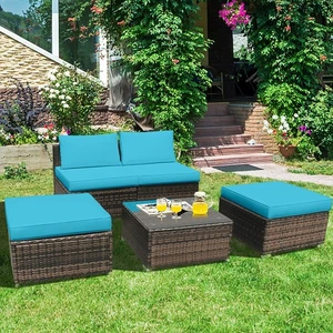 5PCS Patio Rattan Wicker Furniture Set Armless Sofa Ottoman Cushioned Turquoise