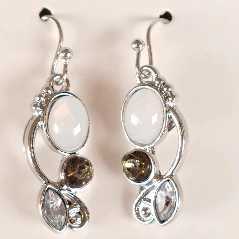 Pendientes Colgantes Tono Plata Blanco Ópalo Marrón Piedras Gota Disfraz, Bolsa Regalo Foto 2 de 4