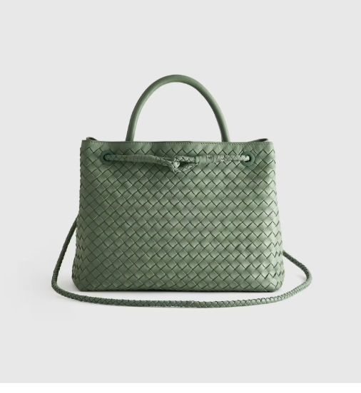 NWT QUINCE ITALIAN LEATHER HANDWOVEN SATCHEL LARGE SAGE CROSSBODY BAG MSRP $154
