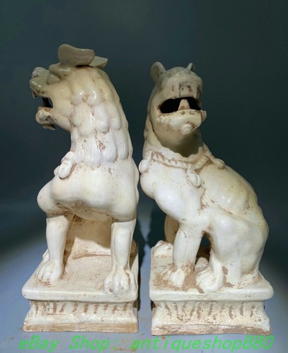 12.2'' Old Dynasty White Glaze Porcelain Foo Fu Dog Guardion Lion Statue Pair - Picture 4 of 9