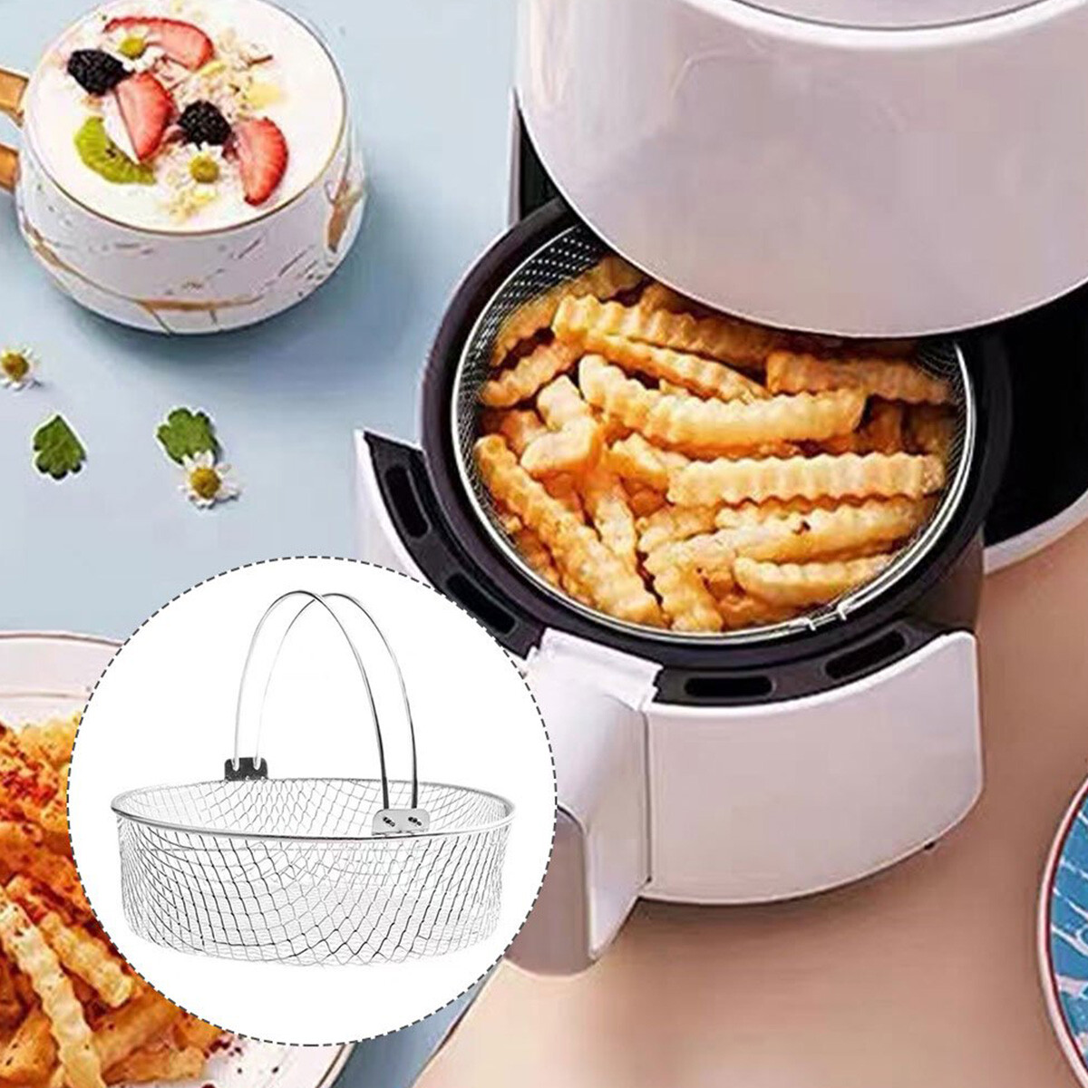 21CM Air Fryer Mesh Basket 304 Stainless Steel Steamer Basket for Air