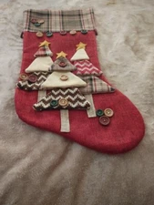 Christmas Stocking Trees & Buttons Red/Green Plaid hanger 9" X 18"