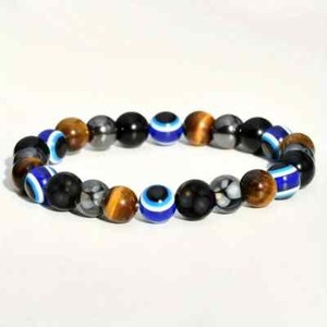 Bracciale Portafortuna Occhio turco di Tigre Onice nero con perle 8mm Uomo Donna