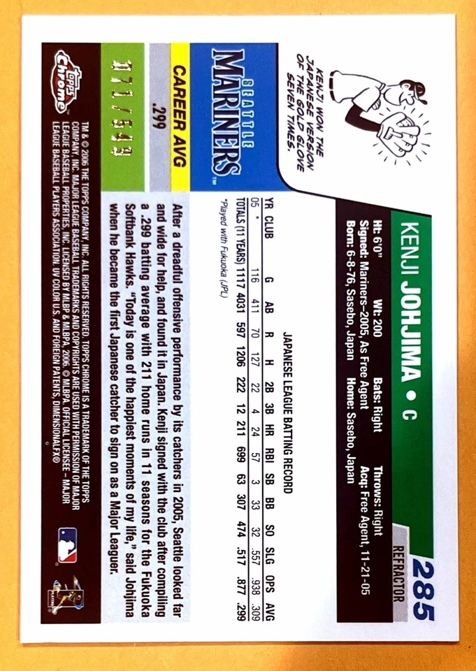 2006 Topps Chrome Kenji Johjima Black Refractor Rookie Card #d/549 Mariners  - Image 2 of 2