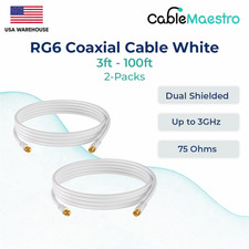 2-Pack RG6 Dual Shield Coax Cable White 75Ohm TV Antenna Internet 3ft  100ft Lot