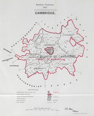 Cambridge Parliamentary County. GRENZKOMMISSION. Schließen 1917 alte Karte