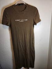 Shein Women's Cest La Vie Olive Green Cotton Ribbed Long Shirt Dress Sz 12