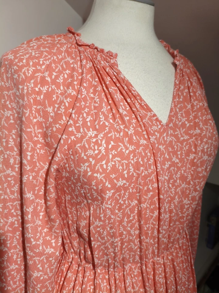 M&S UK 14 Long Midi Dress Coral Pink Floral Long Sleeve V-neck Tiered Pretty  - Image 3 of 4
