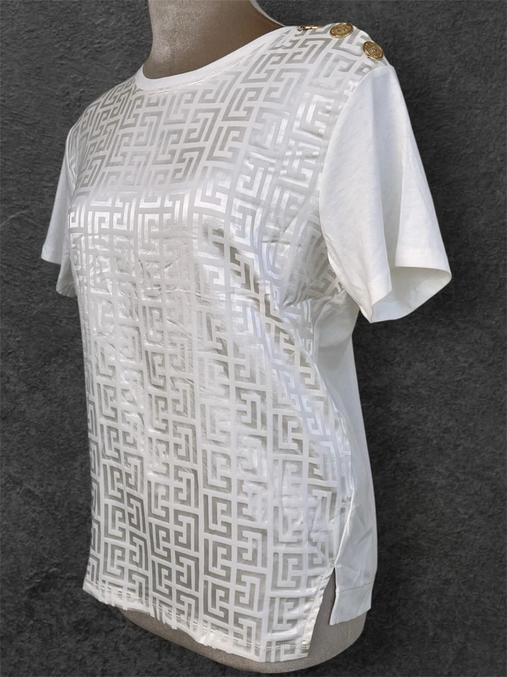 Balmain Luxe t-shirt Femme Oversize Blanc Monogramme Imprimé Tonal Or Neuf - Photo 4/4