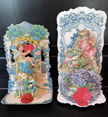 Vintage Die Cut Pop Up 3D Germany Valentines Day Card & 1 More! Angels Flowers