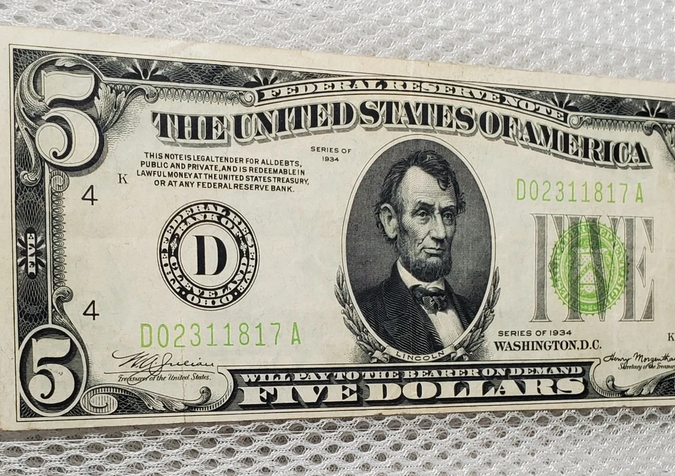 1934 $5 Federal Reserve Note LGS Light Lime Green Seal Cleveland, OH Nice Note - Image 2 of 4