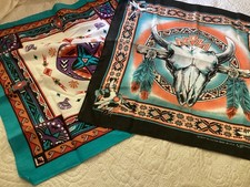 PAIR SOUTHWEST NATIVE AMERICAN Vintage Bandanas USA  Longhorn Skull  Aztec 