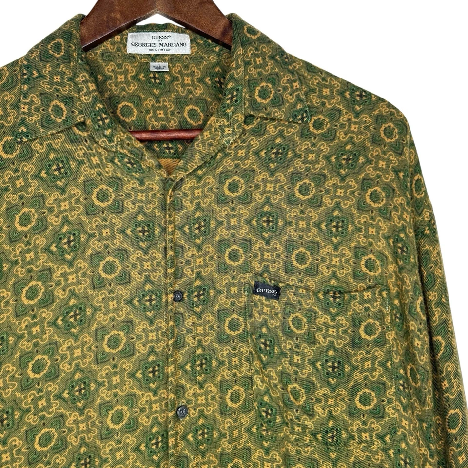 Vintage 80s Guess by Georges Marciano Rayon Shirt Made in Korea Green S/M Rare - Image 2 of 4