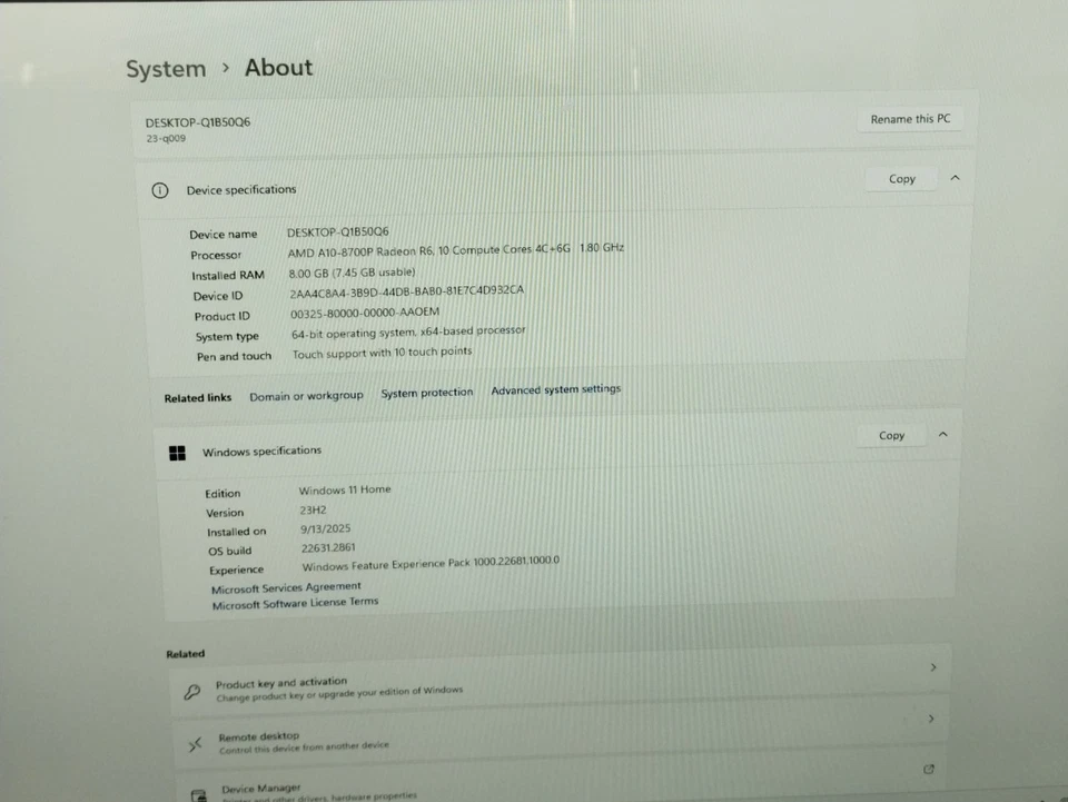 HP Pavilion 23-q009 23" TouchSmart AIO AMD A10-8700P Radeon R6 8GB RAM 1TB W11H - Image 3 of 4