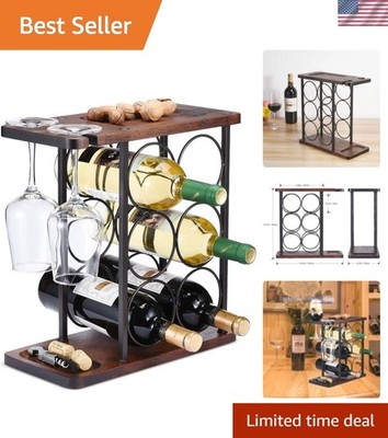 Rustic Countertop Wine Rack with Glass Holder   Elegant 6-Bottle Organizer