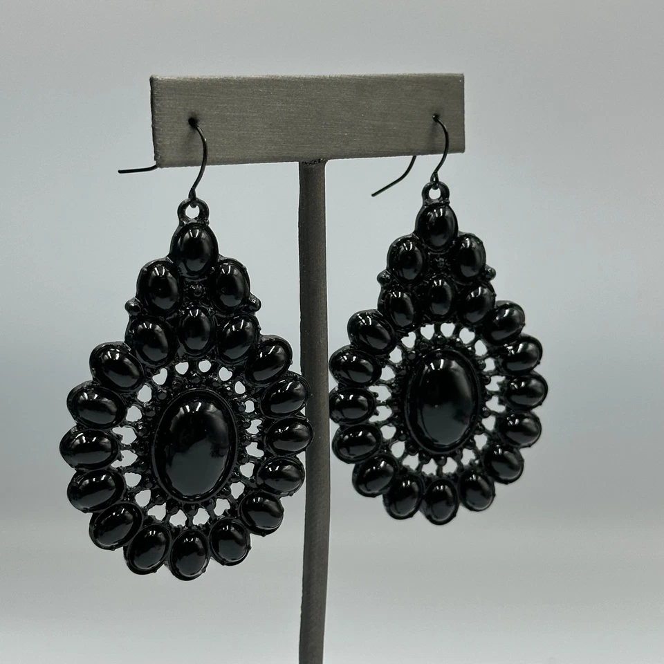 Pendientes llamativos lágrima negra facetados ovalados con cuentas cuelgan góticos 2,5 pulgadas Foto 3 de 4