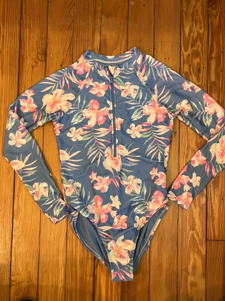 Wonder Nation Girls Swimsuit Sz L 10/12 Blue Long Sleeve Zip-Up One-Piece Hawaii - Image 2 of 4