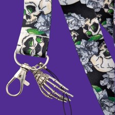 SKULLS LANYARD gothic roses neck strap  skeleton hand key ring halloween 2V