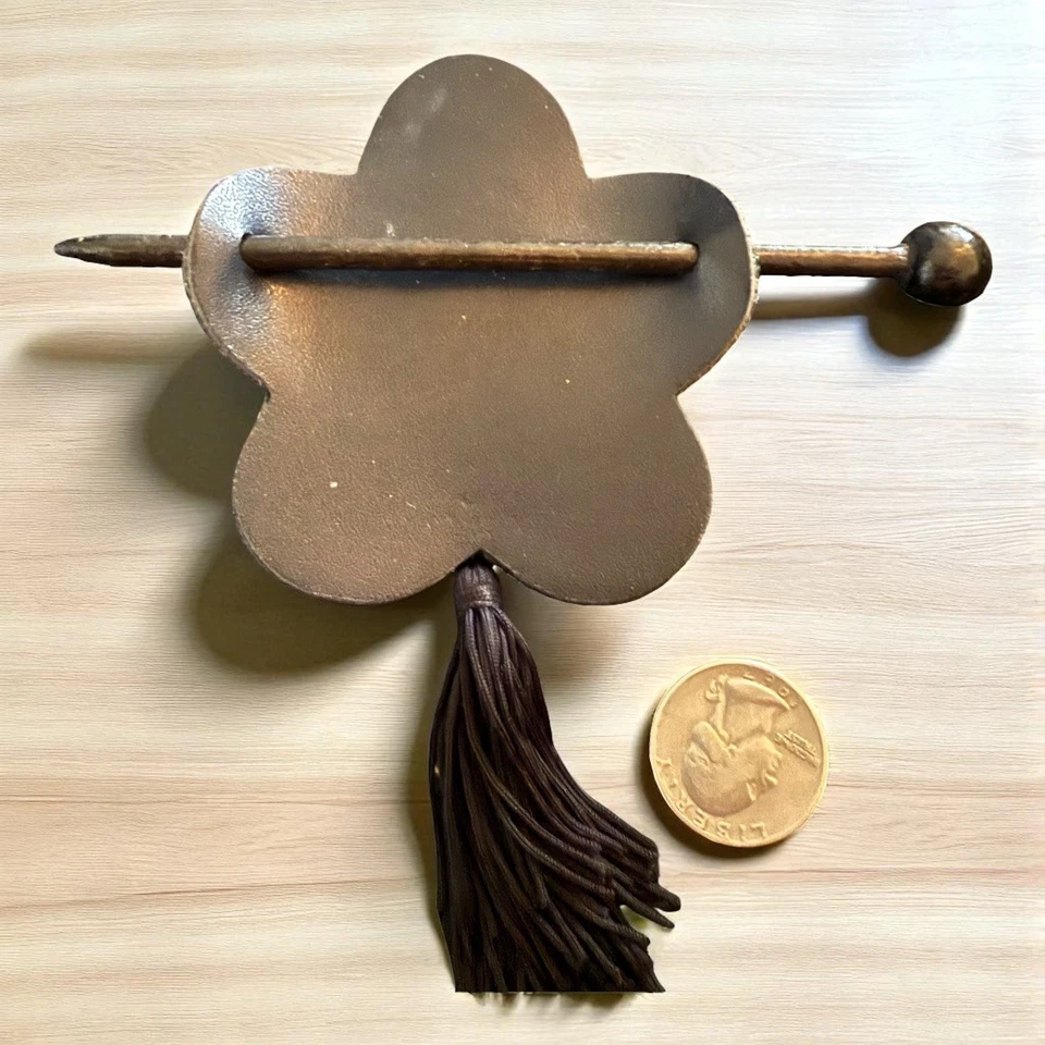 Chinese Brocade Hair Bun Cover Clip Red Fabric Flower with Tassel Vintage - Image 3 of 4