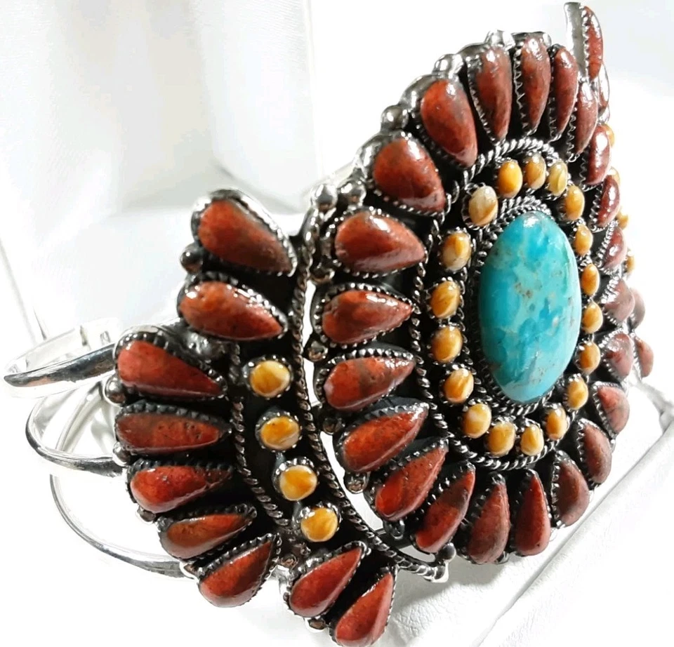 PULSERA 925 ESTERLINA GRANDE 67 PIEDRAS CORAL OSTRA ESPINOSA TURQUESA 5 7/8" 44,1g Foto 3 de 4