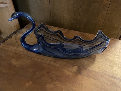 Mid-Century Vintage Murano Style Large H Blown Glass Cobalt Blue Swirl Swan Dish - Picture 2 of 4