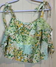 Moa Moa Floral ruffled tie strap crop flowy ruffle tiered boho top sz L NWT