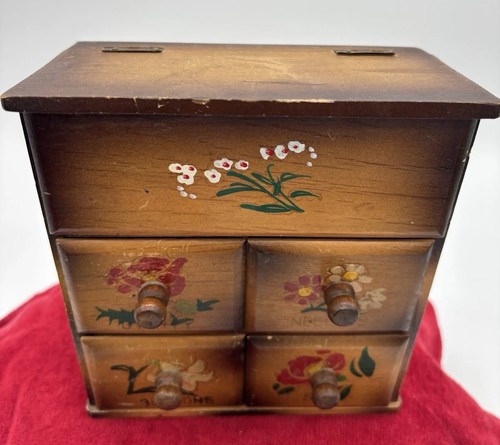 Vintage Wood Sewing Box Notions Storage Cabinet Hand Painted Drawers Japan