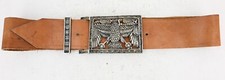 Vintage leather belt in caramello with square silver eagle buckle size 34